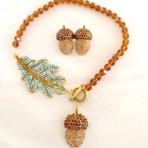 Blue and Gold Leaf Acorn Pendant Necklace & Acorn Earrings, NEW